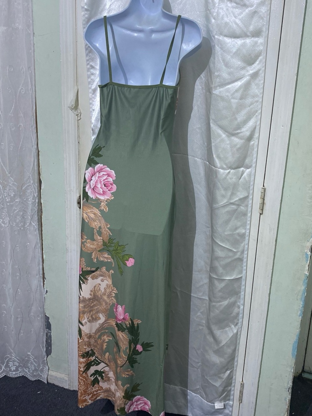 Olive Green Maxi Slip Dress with Pink Floral Print - Picture 4 of 5